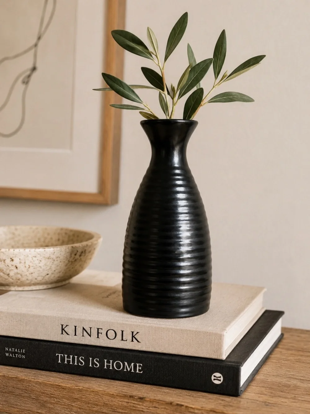 Pier 1 Ribbed Black Stoneware Bud Vase Modern Japandi Minimalist Decor
